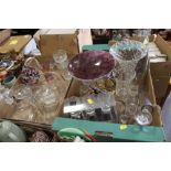 TWO TRAYS OF ASSORTED GLASSWARE TO INCLUDE A STUDIO GLASS COMPORT, CUT GLASS TRUMPET VASE, DECANTERS