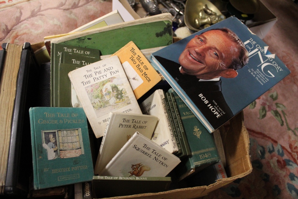 A BOX OF VINTAGE BOOKS TO INCLUDE BEATRIX POTTER BOOKS, STRONGHOLD THONG LEDGER, ETC.