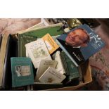 A BOX OF VINTAGE BOOKS TO INCLUDE BEATRIX POTTER BOOKS, STRONGHOLD THONG LEDGER, ETC.