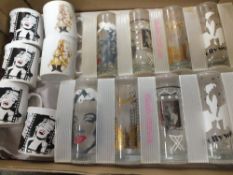 A TRAY OF MARILYN MONROE DESIGNER DRINKING GLASSES AND MUGS