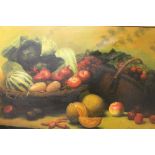 A LARGE GILT FRAMED OIL ON CANVAS STILL LIFE STUDY OF FRUIT SIGNED LOWER RIGHT A.MEADOW?- H 61 CM