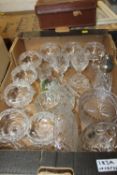 A TRAY OF CUT GLASS, STUDIO GLASS PAPERWEIGHT ETC