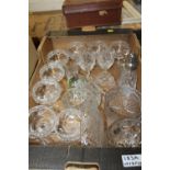 A TRAY OF CUT GLASS, STUDIO GLASS PAPERWEIGHT ETC
