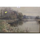 A FRAMED AND GLAZED WATERCOLOUR OF A COUNTRY RIVER LANDSCAPE SIGNED H C JARVIS LOWER LEFT 34CM X