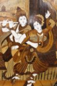 A LARGE EASTERN OVAL INLAID PANEL DEPICTING FIGURES H - 88CM X W- 55CM