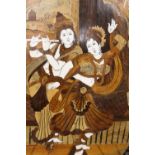 A LARGE EASTERN OVAL INLAID PANEL DEPICTING FIGURES H - 88CM X W- 55CM