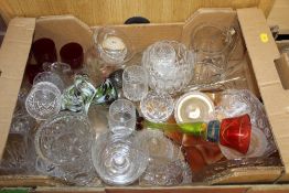 TWO TRAYS OF ASSORTED GLASS WARE TO INCLUDE A JACK IN THE PULPIT VASE ,CUT GLASS DRINKING GLASSES