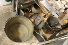 TRAY OF BRASS WARE TO INCLUDE A JAM PAN CANDLE STICKS ETC.
