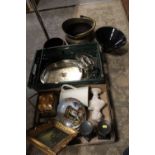 TWO TRAYS OF CERAMICS AND METALWARE TO INCLUDE A BRASS COAL BUCKET, PINEAPPLE SHAPED CANDLE
