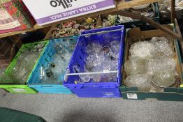 FOUR TRAYS OF ASSORTED GLASSWARE TO INCLUDE CUT GLASS DRINKING GLASSES ETC.