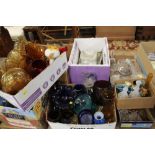 SIX BOXES OF ASSORTED GLASSWARE TO INCLUDE COLOURED GLASS, STUDIO GLASS BOWL, JEWELLED STYLE VASES