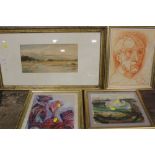 FOUR ASSORTED PICTURES TO INCLUDE A WATERCOLOUR, CRAYON PORTRAIT STUDY ETC.