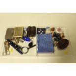 TWO BOXES OF COLLECTABLES TO INCLUDE VINTAGE FOUNTAIN PENS, HAT BOX SHAPED WOODEN BOX ETC.