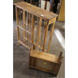 A VINTAGE SMALL PINE CUPBOARD AND STANDING PLATE RACK