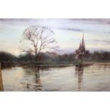 A VINTAGE GILT FRAMED OIL ON CANVAS OF A RURAL RIVER LANDSCAPE WITH CHURCH INDISTINCTLY SIGNED LOWER