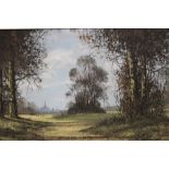 A GILT FRAMED OIL ON BOARD OF A WOODED LANDSCAPE SIGNED HALLARD LOWER LEFT 24CM X 34CM