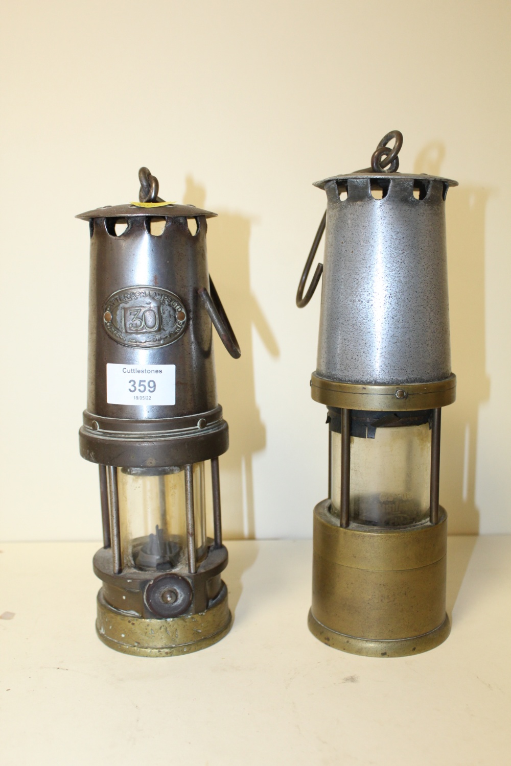 A VINTAGE PATTERSON LANCS LTD MINERS LAMP TOGETHER WITH ANOTHER (2)