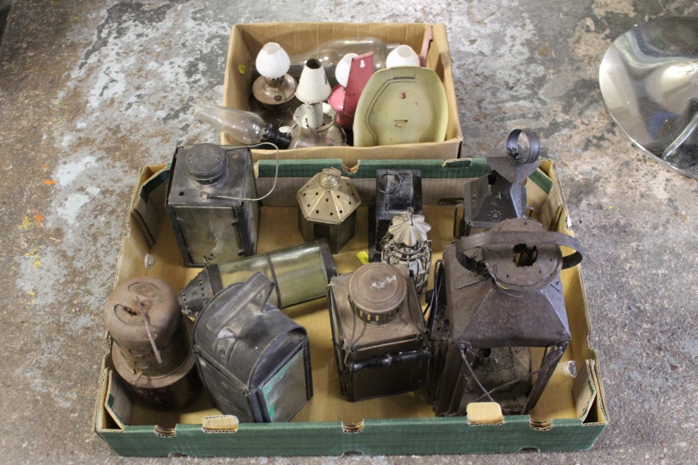 TWO BOXES OF VINTAGE LANTERNS, OIL BURNING LAMPS ETC.