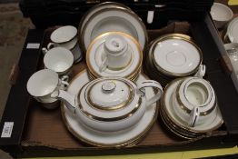 A TRAY OF AYNSLEY ODYSSEY GILDED CHINA TO INCLUDE A TEAPOT, TRIOS ETC.