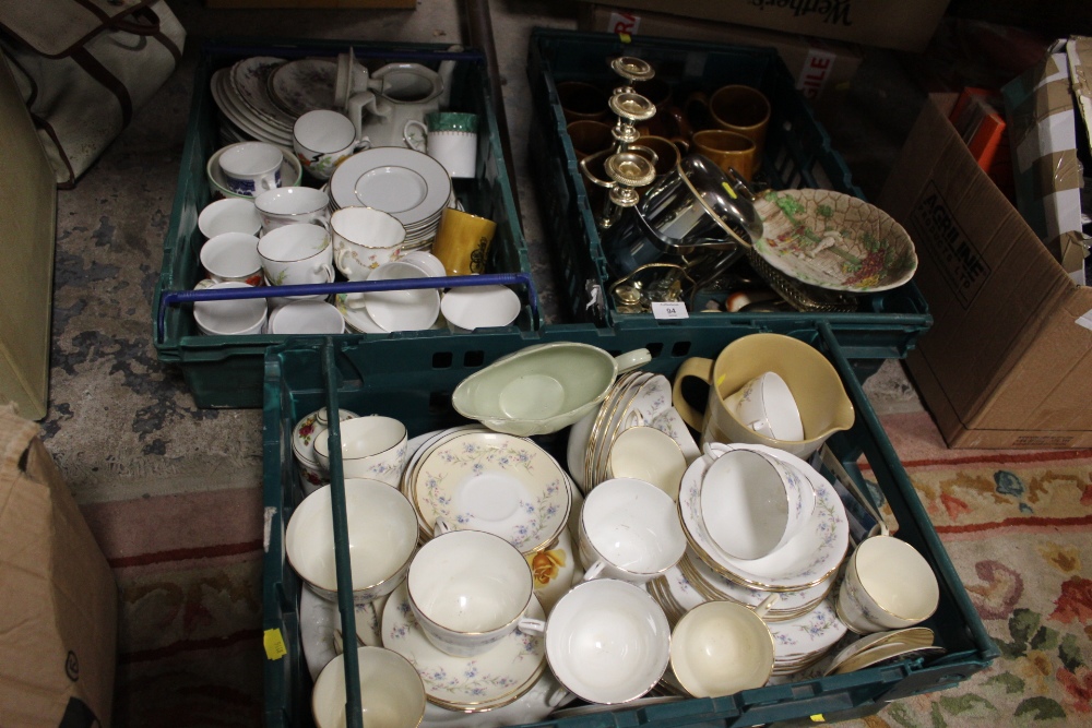THREE TRAYS OF ASSORTED CHINA AND CERAMICS TO INCLUDE DUCHESS TRANQUILLITY CHINA