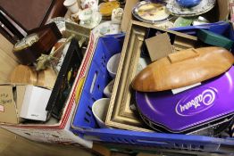 TWO BOXES OF ASSORTED HOUSEHOLD SUNDRIES TO INCLUDE A MANTEL CLOCK, BRASS FIGURE ETC.