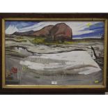 A FRAMED AND GLAZED WATERCOLOUR AND GOUACHE OF A WOMAN LAYING IN ROCKY LANDSCAPE SIGNED DORIS