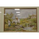 A FRAMED AND GLAZED WATERCOLOUR DEPICTING A COUNTRY SCENE WITH FIGURES AND ANIMALS SIGNED A.D BELL