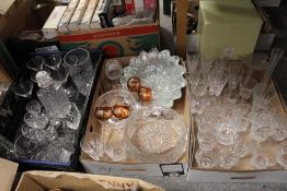 THREE TRAYS OF ASSORTED GLASSWARE TO INCLUDE CUT GLASS CLARET JUGS, CUT GLASS FRUIT BOWL,