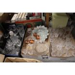 THREE TRAYS OF ASSORTED GLASSWARE TO INCLUDE CUT GLASS CLARET JUGS, CUT GLASS FRUIT BOWL,