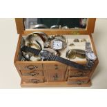 A JEWELLERY BOX CONTAINING WRISTWATCHES AND COSTUME JEWELLERY ETC. TO INCLUDE A SILVER RING