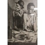 A FRAMED AND GLAZED PICASSO ENGRAVING PRINT ENTITLED 'LA COMEDIA FRUGAL' 48CM X 39CM