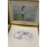 TWO GILT FRAMED GORDON KING PRINTS OF A RECLINING FEMALE SEMI NUDE STUDY AND 'THE SWAN MAIDEN'