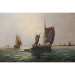 AN UNFRAMED OIL ON CANVAS OF SAIL BOATS AT SEA SIGNED H WEST LOWER RIGHT 40CM X 56CM