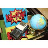 TWO GLASS POP ART PLAQUES TOGETHER WITH A TIN PLATE CAR MODEL AND AN ILLUMINATING GLOBE