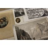A LARGE QUANTITY OF UNFRAMED ANTIQUE ENGRAVINGS, ETCHINGS AND PRINTS ETC. TO INCLUDE A SIGNED M F