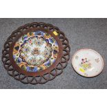 AN ANTIQUE ROUEN ARMORIAL PIERCED PLATE IN WOODEN MOUNT, TOGETHER WITH AN ANTIQUE CERAMIC DISH C18TH