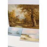 THREE UNFRAMED OIL ON CANVASES TO INCLUDE A WOODED MOUNTAINOUS LAKE SCENE