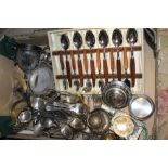 FIVE BOXES OF ASSORTED METALWARE TO INCLUDE SILVER PLATED FLATWARE