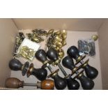 A BOX OF WOODEN DOORKNOBS, FURNITURE HANDLES ETC.