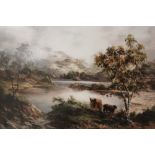 A FRAMED AND GLAZED SIGNED LIMITED EDITION PRUDENCE TURNER PRINT OF HIGHLAND CATTLE 32/50 28CM X