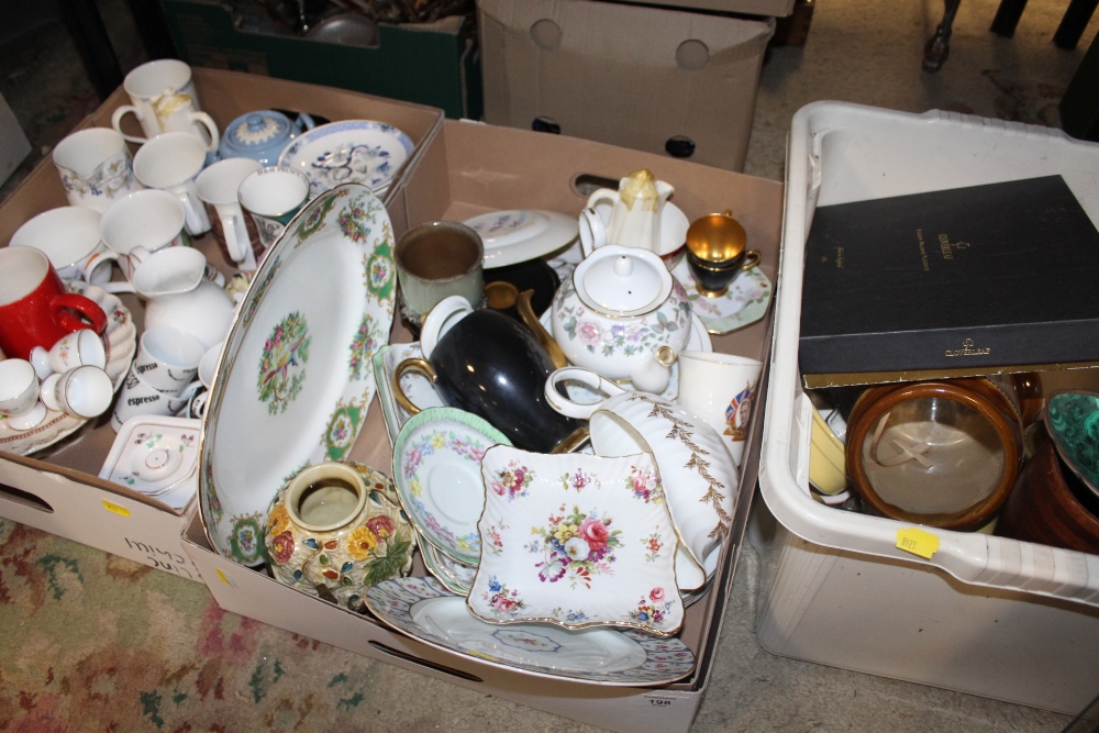 THREE BOXES OF ASSORTED CHINA AND CERAMICS ETC. TO INCLUDE ROYAL GRAFTON, WEDGWOOD ETC.