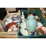 TWO TRAYS OF ASSORTED CERAMICS TO INCLUDE A STONEWARE JUG, WEDGWOOD, ROYAL WORCESTER ETC.