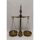 A SET OF UNUSUAL BRASS SCALES AND WEIGHTS WITH FISH DETAIL H- 69CM