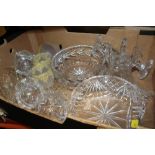 TWO TRAYS OF MOSTLY CUT GLASS TO INCLUDE TYRONE AND WATERFORD EXAMPLES ETC