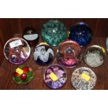 A COLLECTION OF TEN ASSORTED STUDIO GLASS PAPERWEIGHTS