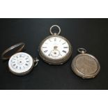 A SILVER CASED POCKET WATCH, TOGETHER WITH TWO SILVER CASED FOB WATCHES - ALL AS FOUND