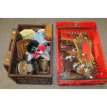 TWO BOXES OF ASSORTED COLLECTABLES TO INCLUDE A CASED CANTEEN OF CUTLERY, GILT FRAMED MIRROR,