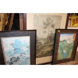 A QUANTITY OF ASSORTED PRINTS TO INCLUDE A NAVAL EXAMPLE, CERAMIC PLAQUES ETC.