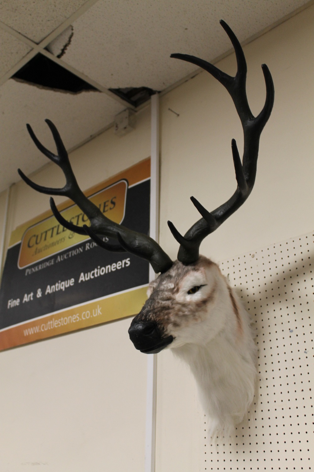 A MODERN TAXIDERMY STYLE WALL HANGING PLUSH STAGS HEAD