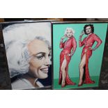 TWO FRAMED MARILYN MONROE INTEREST OILS ON BOARD BY GEOFF GREEN WITH INFORMATION VERSO 34CM X 24CM